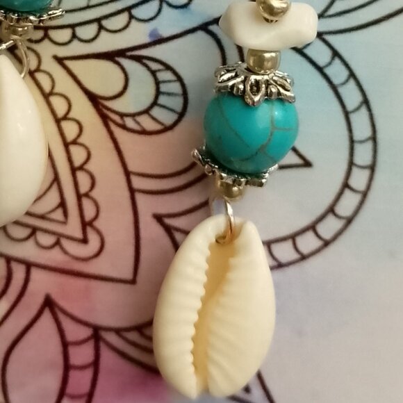 COWRIE SHELL EARRINGS, BLUE MAGNESITE, SILVERY, WHITE HOWLITE - Picture 4 of 7
